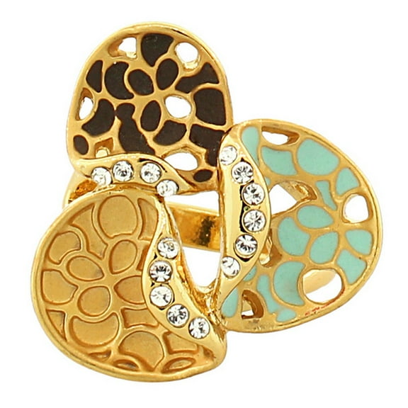 Fashion Alloy Yellow Gold-Tone Brown Turquoise CZ Flower Floral Statement Cocktail Ring