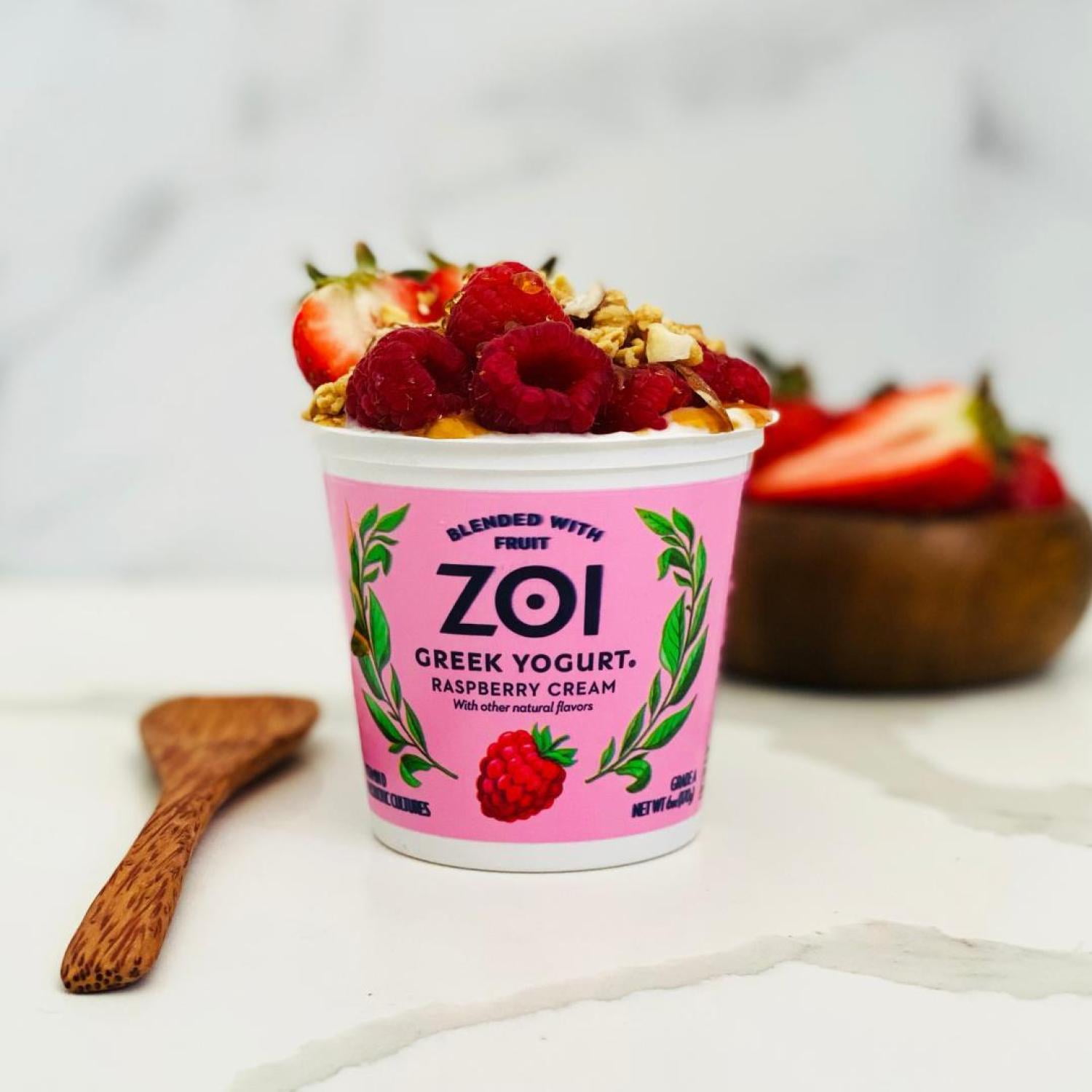 Zoi Greek Blended Raspberry Cream Yogurt, Net WT 6oz