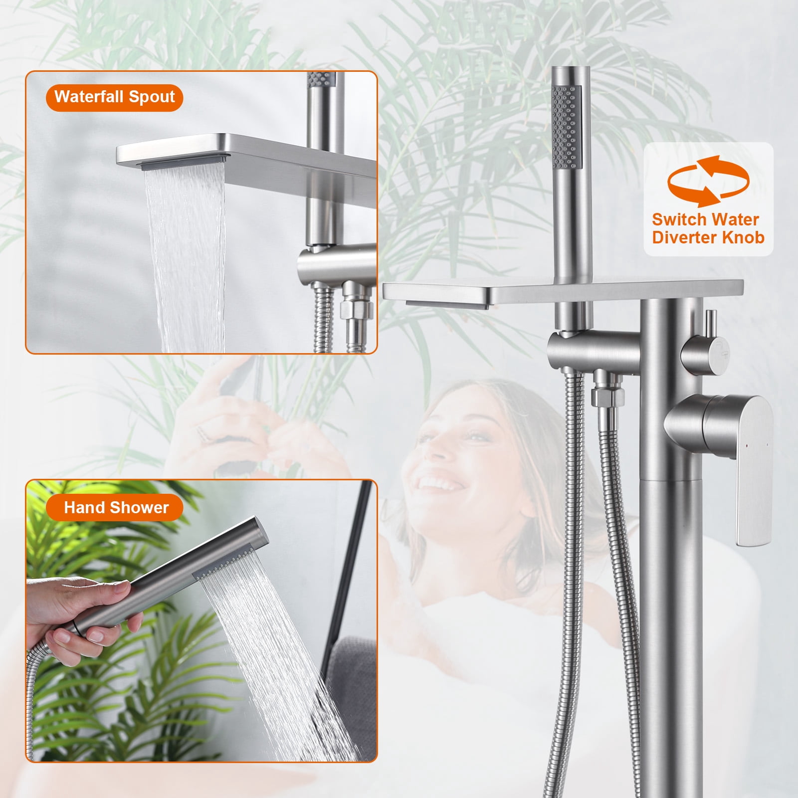 Wowow Brass Freestanding Bathtub Faucet Single-Handle Floor Mount Claw Foot Tub Faucet with Hand Shower in Brushed Nickel