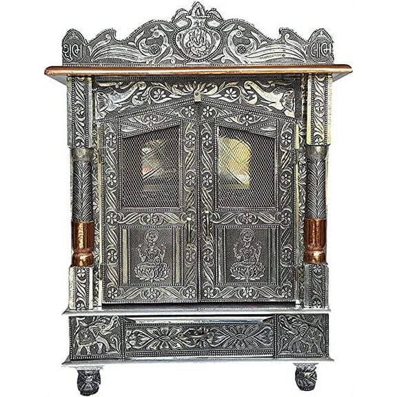 Brilliant Home Designs Aluminium & Copper Oxidized Home Temple Mandir/Ghar mandir/Pooja mandir (L-18 Inches B-9 Inches), Silver, Standard
