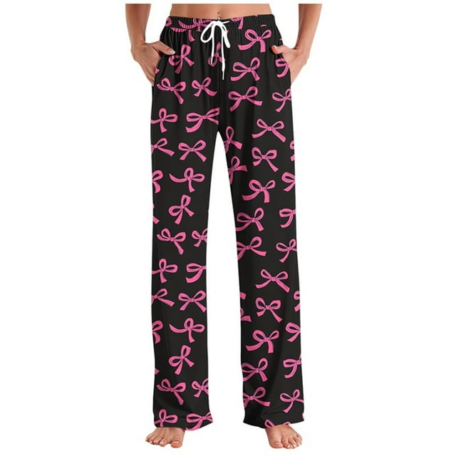 RKSTN Black Pajama Pants Men Valentine's Day Bow Print Elastic Drawstring Waist Color Block Relaxed Long Pants with Pockets Unisex