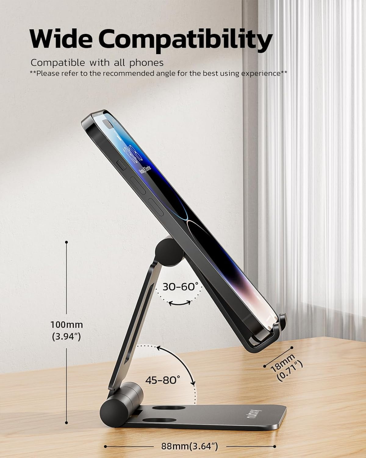 2 Pack Fully Aluminum Dual Folding Cell Phone Stand, Adjustable Foldable Desktop Phone Holder for Desk Compatible with iPhone 17 16 15 14 13 12 11 Pro Max Xs Xr X 8, All Phones, Black & Silver