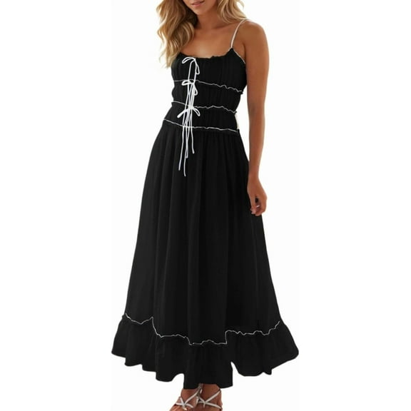 Women's Summer Maxi Dresses Spaghetti Straps Y2k Cute Ruffle Tier Dresses