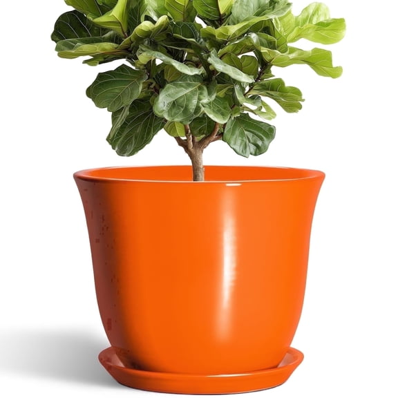 12 inch Flower Pots, Extra Large Round Ceramic Planter with Drainage Hole & Saucer, Elegant Pot for Indoor Plants, for Office and Home Decor, Orange