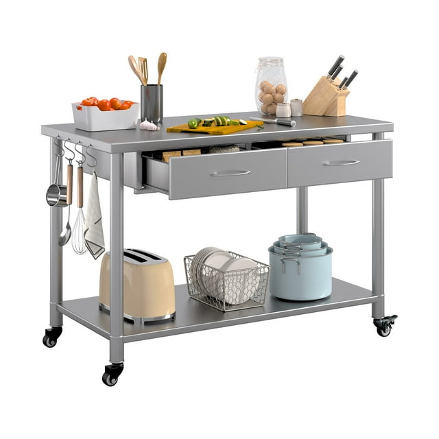 YODOLLA Table de Travail en Acier Inoxydable avec 2 Tiroirs et Roulettes, Table de Préparation Commerciale Robuste 48 Pouces x 24 Pouces avec Roulettes pour Cuisine, Garage, Restaurant Ou Usage Domestique