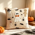 thumbnail image 5 of Halloween Ghost Mummy Embroidery Throw Pillow, 18"x18" Beige Decorative Linen Cushion with Ghost Mummy Bat Spider Star Embroidered Pattern for for Sofa Bed Couch Indoor Home Holiday Party Styling, 5 of 6