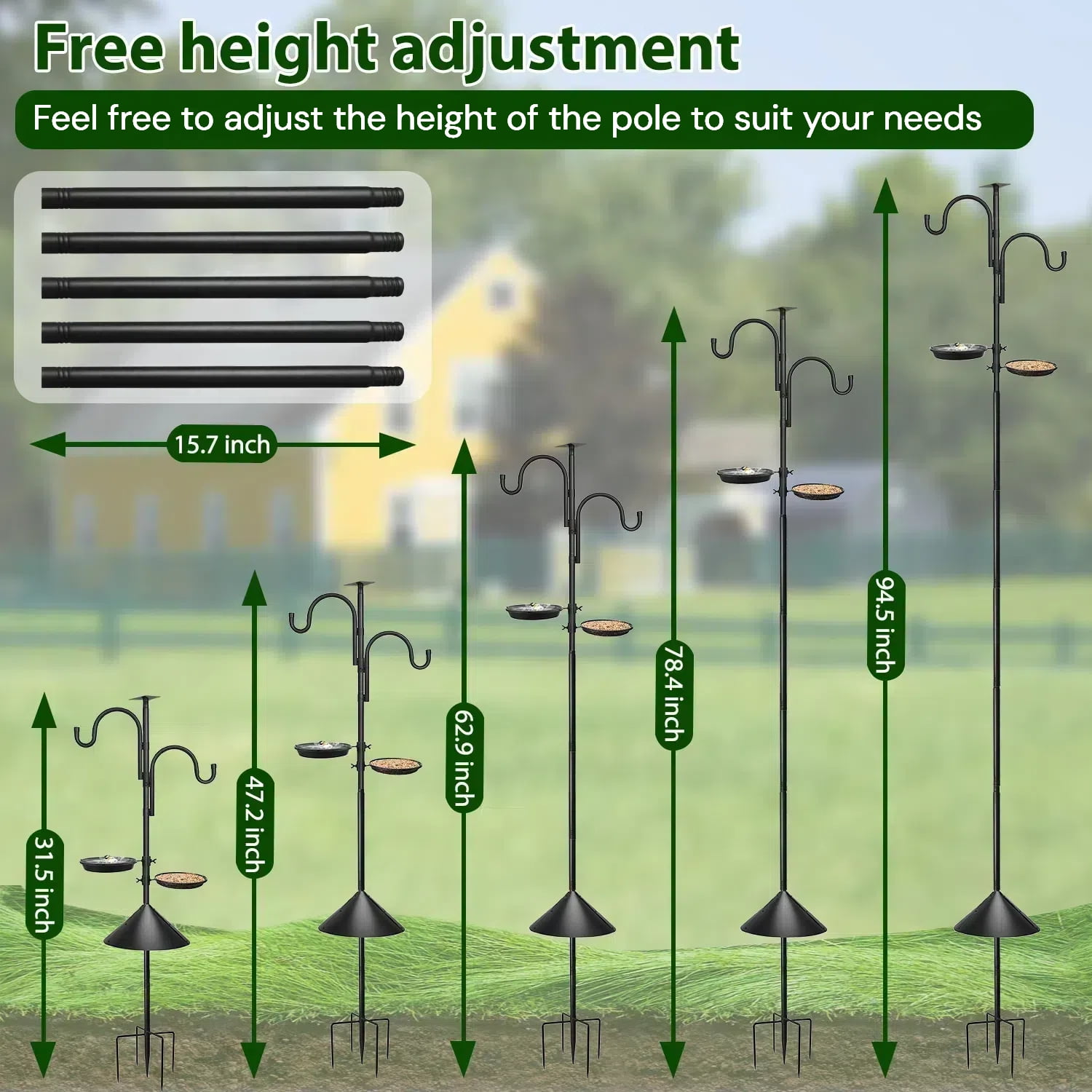 Teblint 92" Bird Feeding Station, Heavy Duty Bird Feeder Pole Bird House Stand Mount Kit w/ Squirrel Proof Baffle 2 Shepherds Hooks, Adjustable Feeder Stand for Outdoor Wild Birds Watching