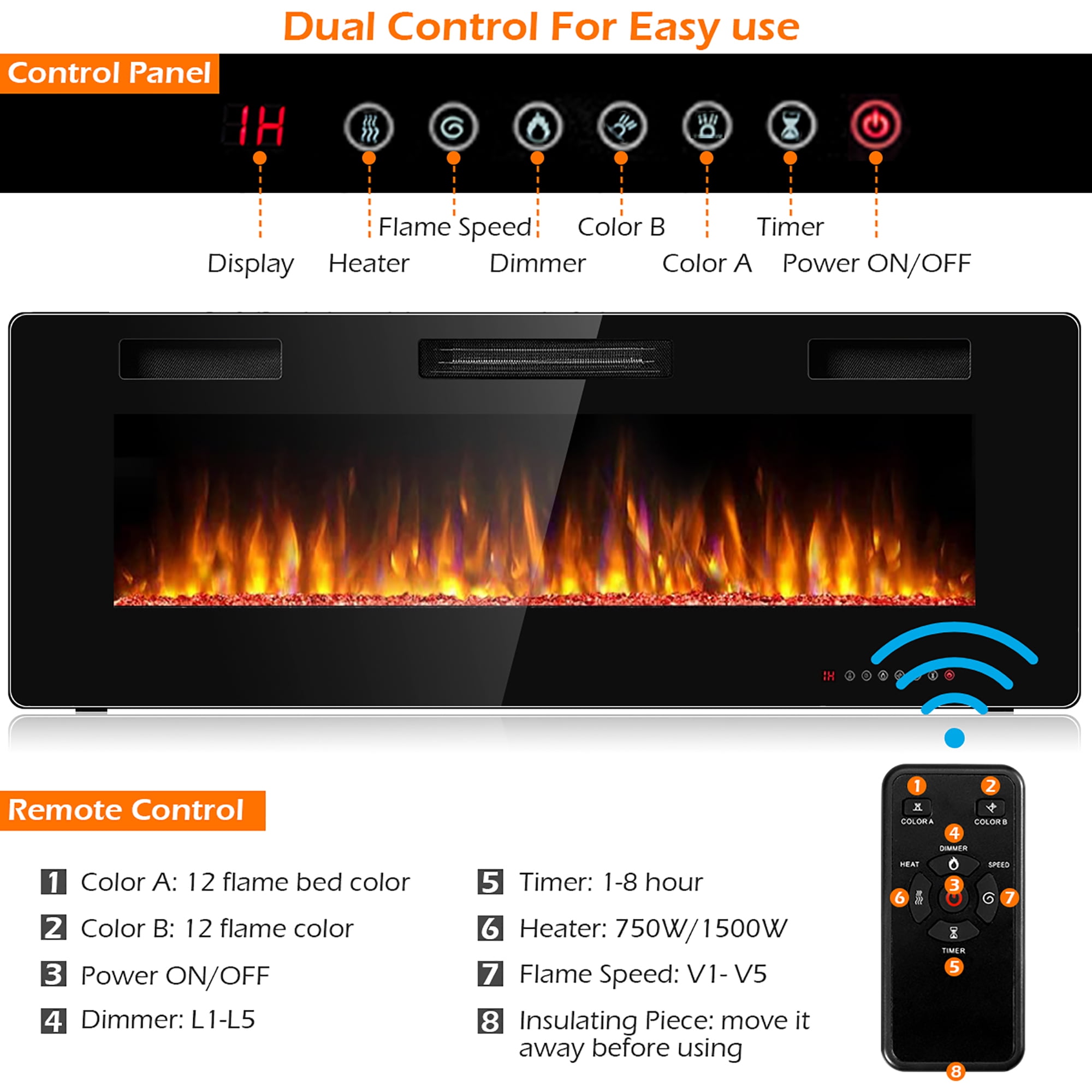 Costway 50'' Electric Fireplace Recessed Ultra Thin Wall Mounted Heater  Multicolor Flame | Walmart Canada