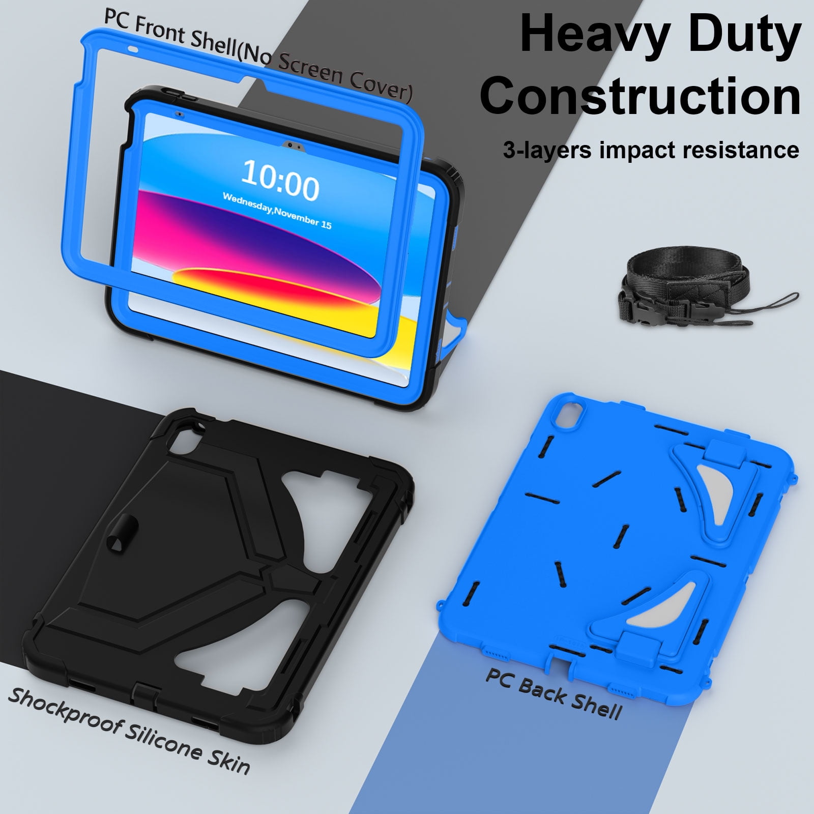 Allytechgroup Kids Case for Apple iPad A16 11" 11th Gen 2025/ iPad 10th Gen 10.9" 2022, Heavy Duty Shockproof Kickstand Cover with Shoulder Strap & Pencil Holder Kids Friendly, Black+Blue