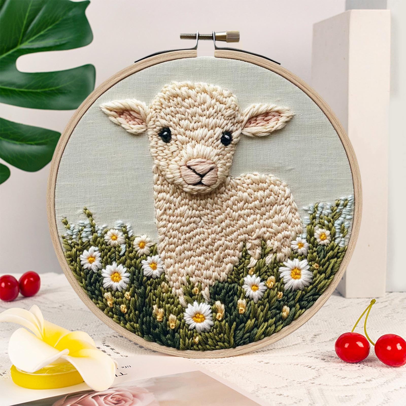DIY Punch Needle Kits, Cute Sheep Pattern, 7" x 7" Hoop Embroidery Punch Needle Crafts Set, Easy for Adults and Children, Decoration Gift