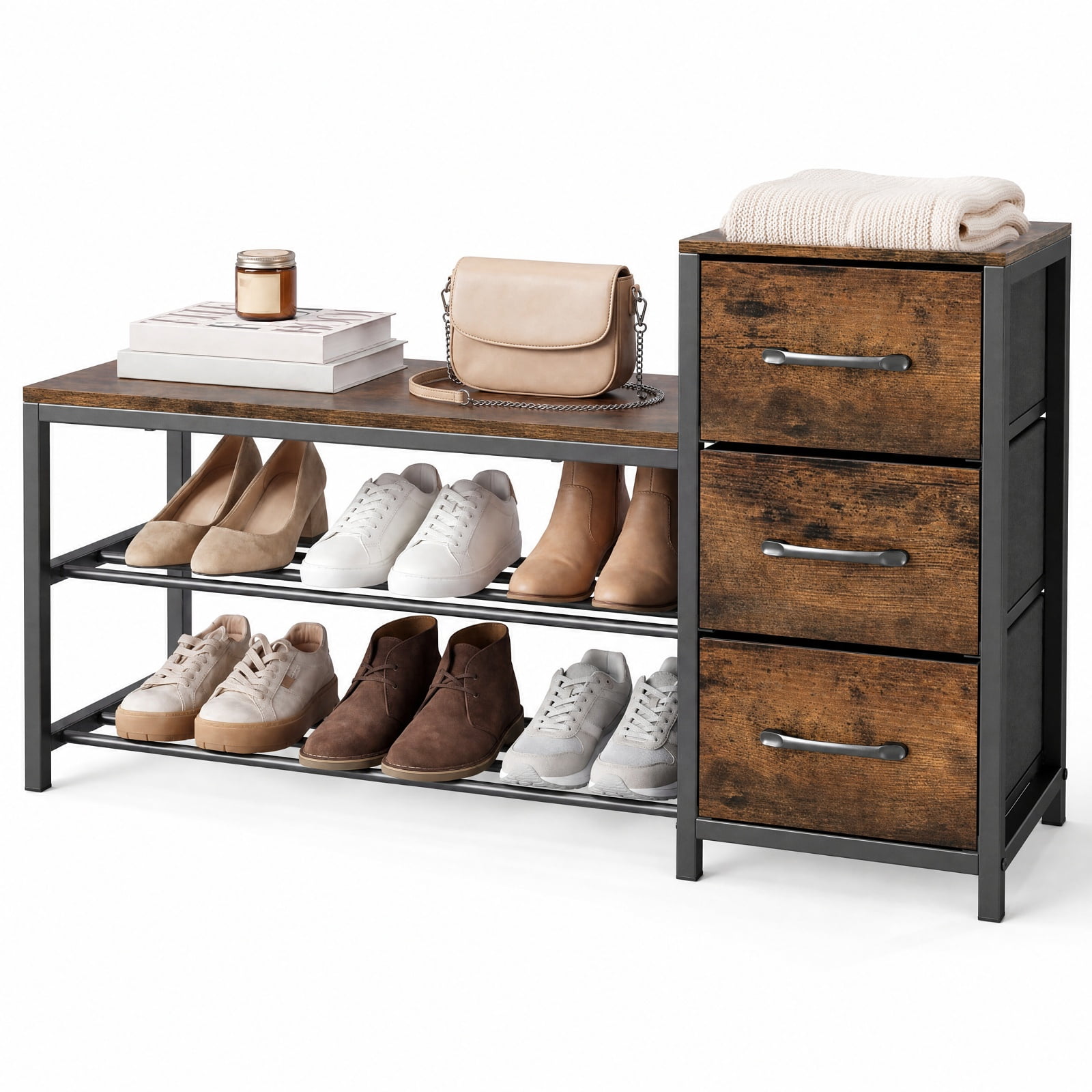 Furnibear 3 Tier Industrial Shoe Bench with 3 Removable Fabric Drawers and Anti Toppling Kits for Entryway Shoe Storage, Rustic Brown