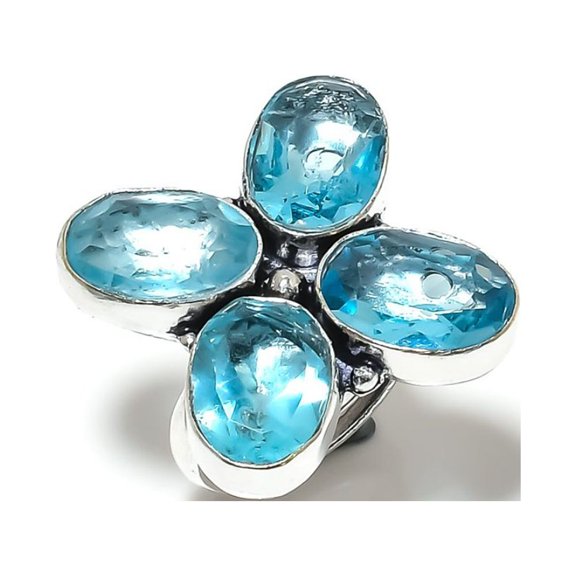 Natural Blue Topaz Gemstone Handmade 925 Sterling Silver Ring Size 9