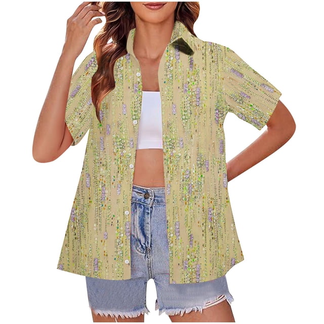 Fiudx Ropa de Mujer Blusas de Manga Corta Estampadas con Flores y Plantas Cómodas Informales Regulares para Mujer a La Moda