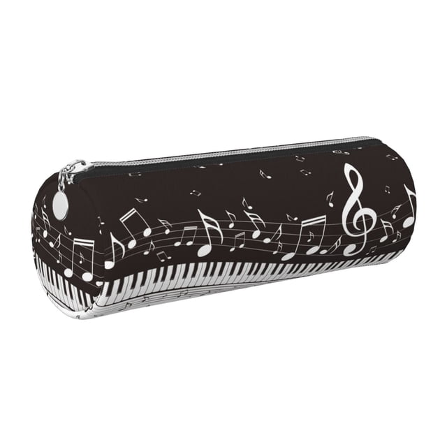 Easygdp Piano Keys With Musical Notes para Estuche de Lápices Cilíndrico de Cuero con Cremallera, Organizador de Lápices de Cuero para Escuela, Oficina y Viajes
