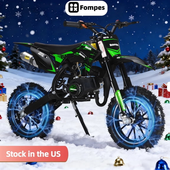Fompes Mini Gas Bike, Off-Road Dirt Bike, Gas Powered 2-Stroke Pocket Bike with Front Rear Disc Brakes, Shock Absorption, Easy Pull Start, Speed Up to 25 Mph, Green
