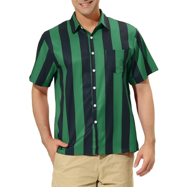 INSPIRE CHIC Men's Striped Short Sleeves Shirts Button Down Print Hawaiian Shirt S Green Navy