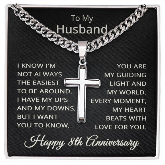 8th Anniversary Necklace for Husband 8 Years Anniversary Jewelry for Him Men Cuban Link Chain with Cross Pendant