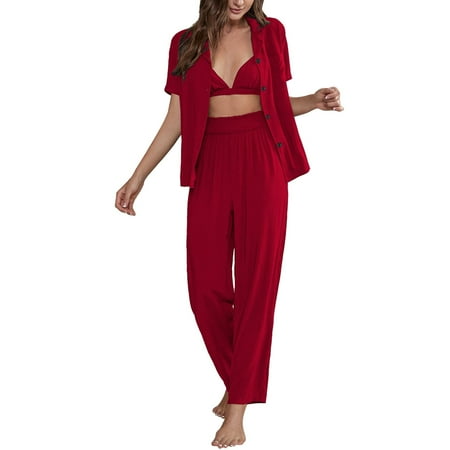 

Hwmodou Women s Pajamas Solid Color Front Cut Out Pants Set Cotton Button Trim Nightwear Weekend Nightwear For Woman