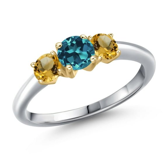 Gem Stone King 10K Two Tone Gold London Blue Topaz and Yellow Citrine Engagement Ring for Women | 1.21 Cttw | Round 5MM | Gemstone November Birthstone | Size 9
