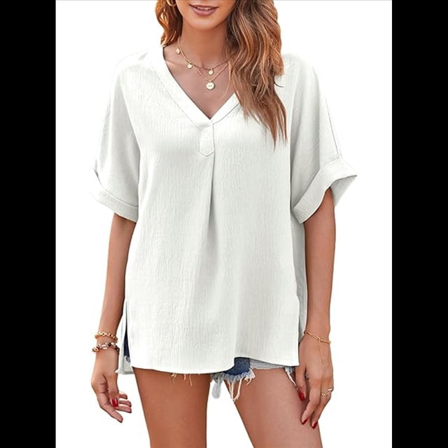Camisas de Corta con Cuello en V para Mujer, Blusas Informales de Negocios, Blusas de Trabajo Holgadas L