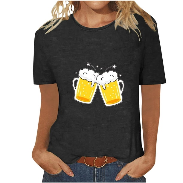 Tops Cortos para Mujeres, Oktoberfest Casual Impreso Cuello Redondo Manga Corta Camiseta Top Hecho de Poliéster para la Primavera Verano Uso Diario, Camisetas Casuales de Mujer