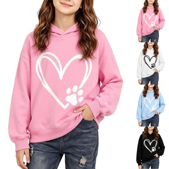 Mifsaly Hoodies for Girls Cute Heart Graphic Long Sleeve Hooded Sweatshirt Kids Relaxed Fit Warm Casual Activewear Top for Fall Winter Daily Lounge Pink,9-10Years
