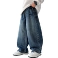thumbnail image 2 of Spazoro Boys Denim Pants with Multi‑Pockets, Drawstring Heavyweight Wide Leg Vintage Wash Loose Fit Streetwear Baggy Trousers Blue Size 5-6, 2 of 9