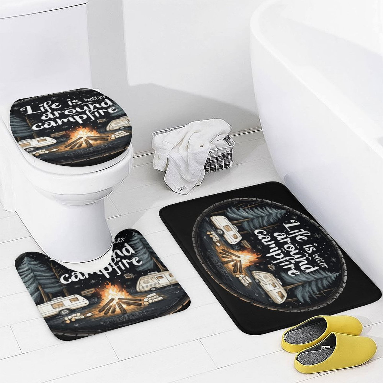 Life Is Better Around The Campfire Shower Curtain Sets 4 Piece with Non-Slip Rugs Toilet Lid Cover And Bath Mat Summer Camping Campfire Waterproof Personality Pattern Bath Curtain for Bathroom Decor