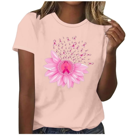 Alkepwun Breast Cancer Printed Shirts for Women Sunflower Pink Ribbons T-Shirt Breast Cancer Awareness Tee Tops