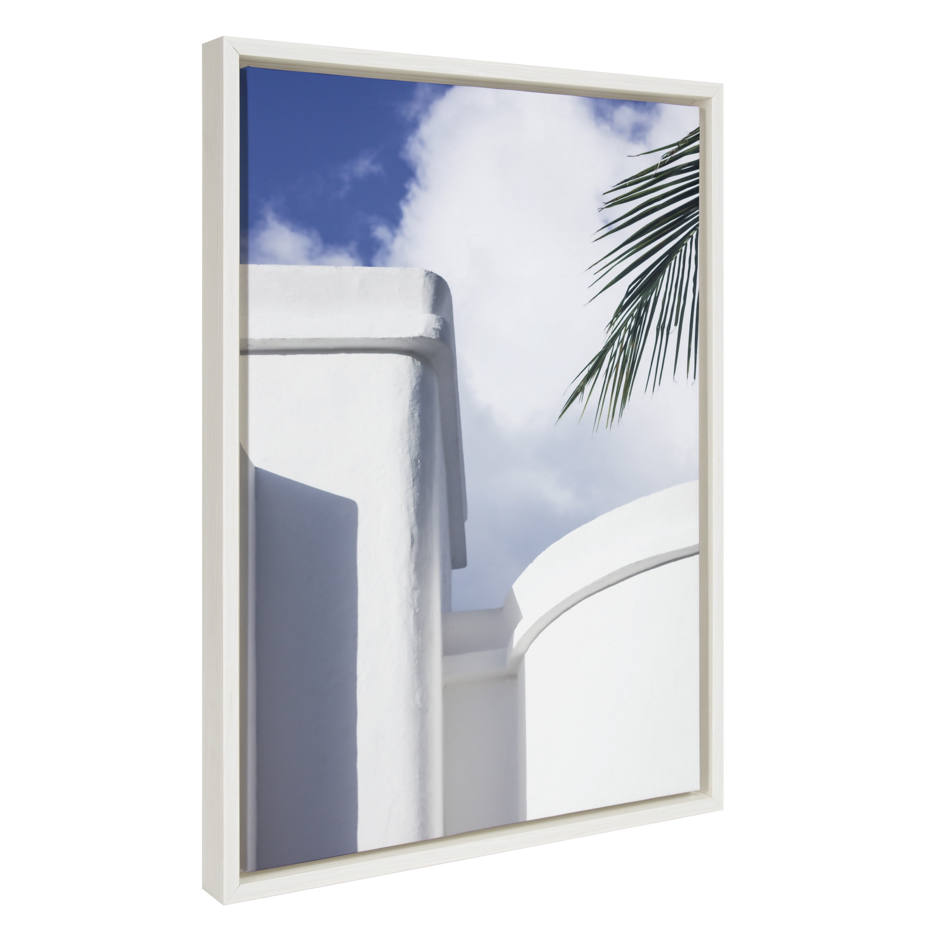 White Buildings and Tropical Palms Framed Canvas Wall Art, 18x24