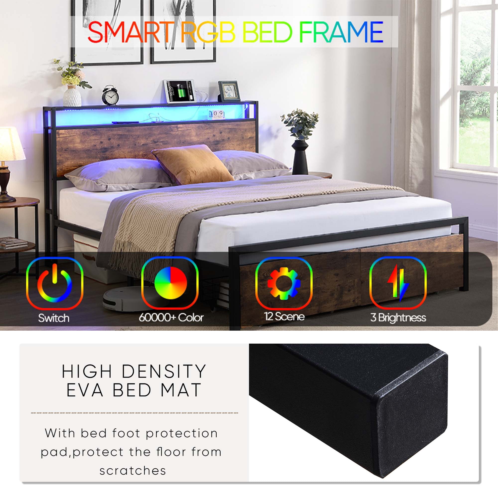 DEALTOPS Full Size Metal Bed with Storage Headboard and 2 Drawers, Platform Bed Frame with LED Lights, Charging Station, Brown