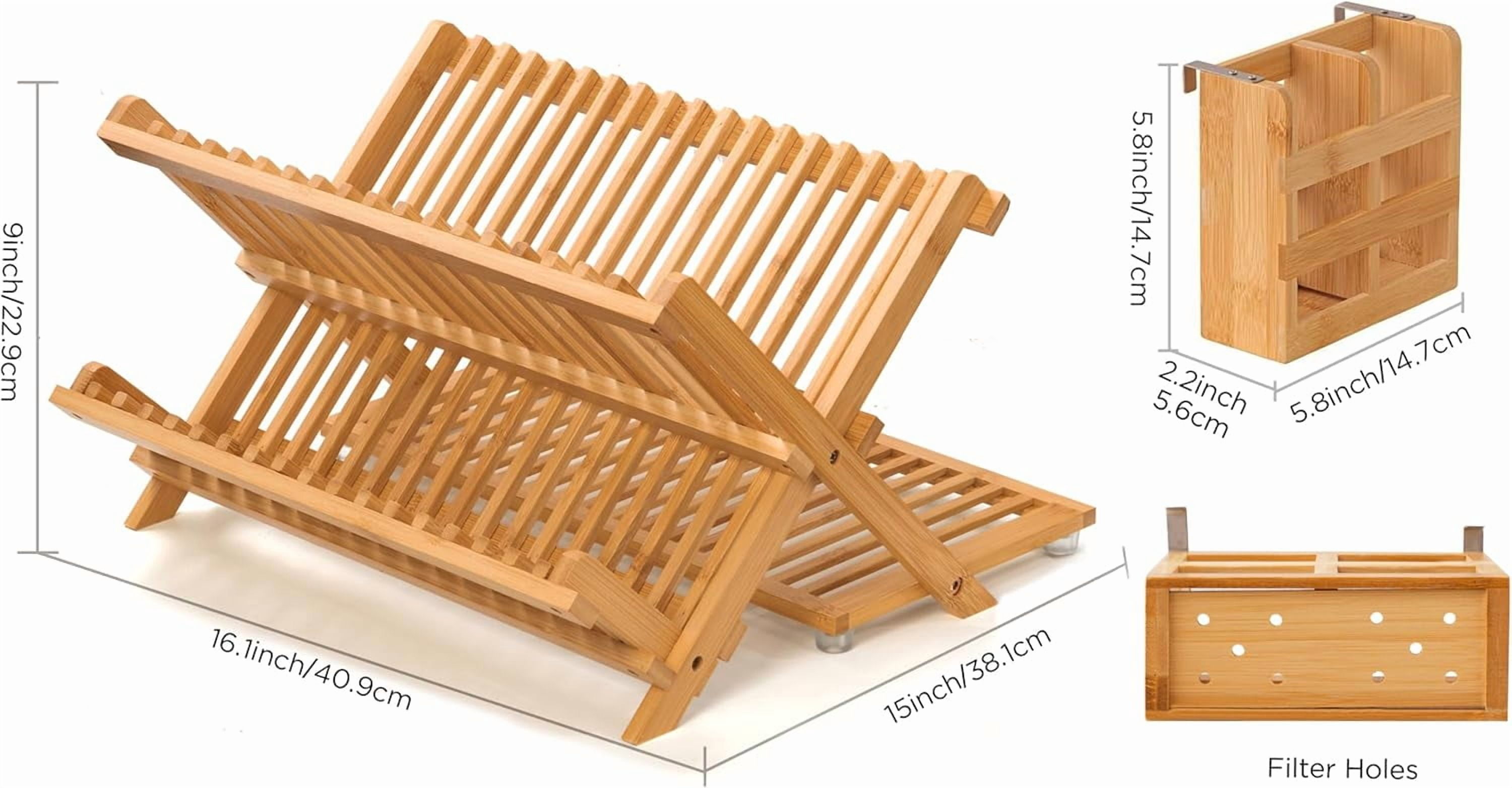 Bamboo Dish Drying Rack with Utensil Holder, 3 Tier Collapsible Dish Rack for Kitchen Counter, Large Folding Drying Holder, Dish Drainer, Kitchen Organizers and Storage