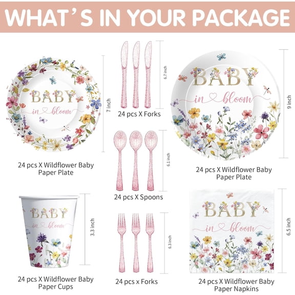 Floral Baby Shower Decorations for Girl, Wild Flower Baby in Bloom Party Supplies, Paper Plate, Cup, Napkin, Tablecloth, Balloon, Cutlery, Garland Banner, Cupcake Toppers, Serves 24