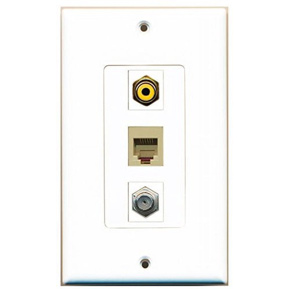 RiteAV - 1 Port RCA Yellow and 1 Port Coax Cable TV- F-Type and 1 Port Phone RJ11 RJ12 Beige Decorative Wall Plate Decorative