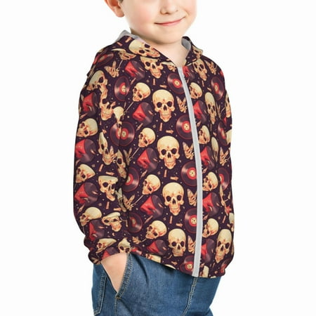 

Uemuo cool rock Skull record Pattern Rash Guard for Boys Girls Long Sleeve Swim Shirts UPF 50+ UV Sun Protection Hooded Fishing Shirt with Pocket for Kid-2 Years