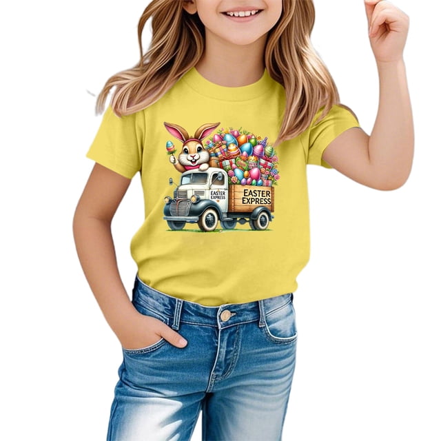 MIASHUI T-Shirts Graphiques de Pâques pour Garçons Doux Décontractés à Manches Courtes Hauts Colorés pour Enfants Jaune, 10-11 Ans