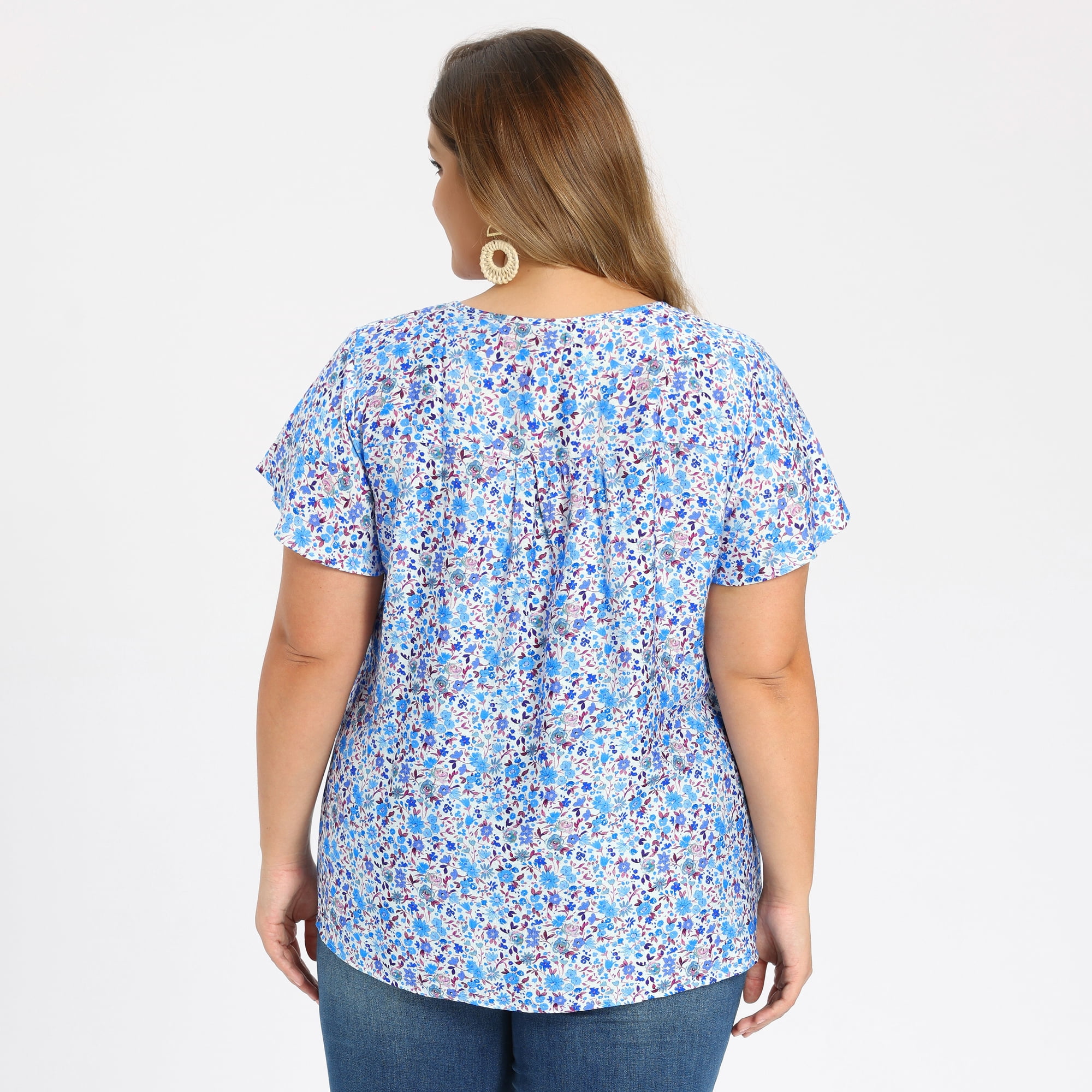 DARING DIVA Women's Plus Floral Tie Neck Blouse with Ruffle Sleeve 3X Sky Blue