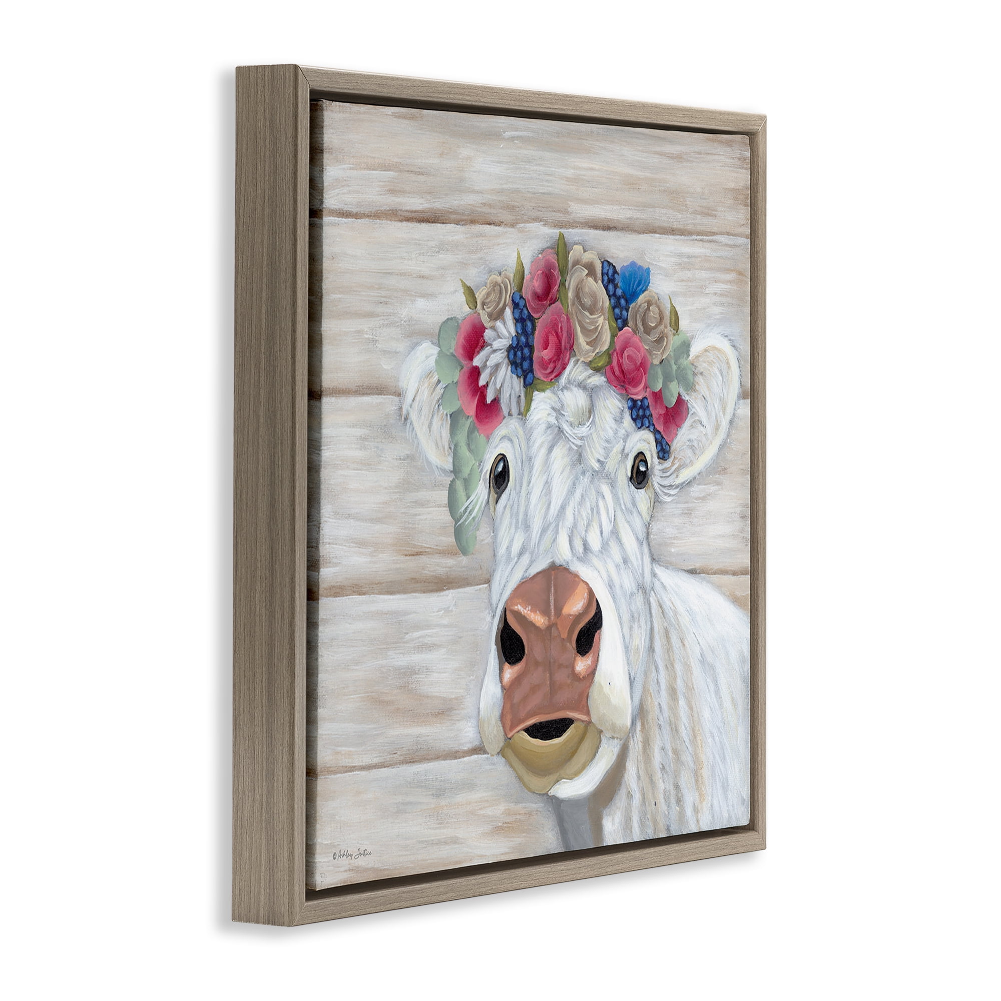 Stupell Industries Rustic Cow Flower Crown Animals & Insects Painting Brown Floater Framed Canvas Art Print Wall Art, 25 x 25