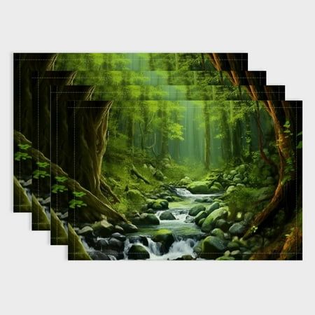

Shiartex Stream Forest Rocks Table Mats Linen 100% Table Mat for Birthday Parties Christmas Restaurants Buffets Home Decoration 4pcs 18x12in