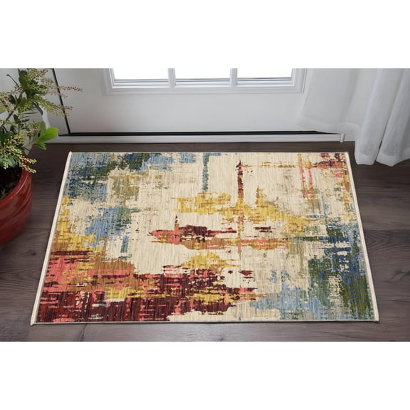 2' X 3' Beige Orange And Red Abstract Area Rug With Fringe
