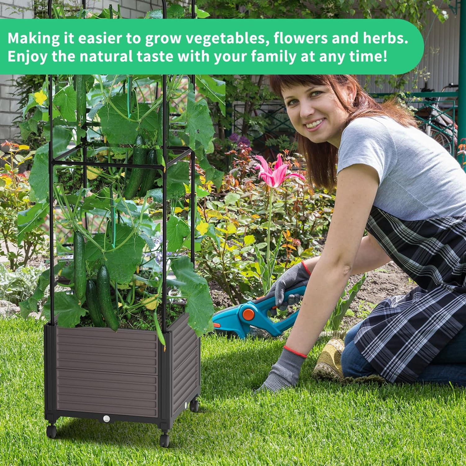 FISICOG Planter Box with Trellis & Wheels, Garden Bed for Climbing Plants Outdoor Indoor, Self Watering Raised Garden Bed Tomato Cage Planter Box for Vegetables Herbs Flowers