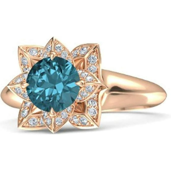Elegant Lotus Flower Round Cut London Blue Topaz Birthstone Wedding Engagement Ring For Women In 925 Sterling Silver 14K Rose Gold Plating