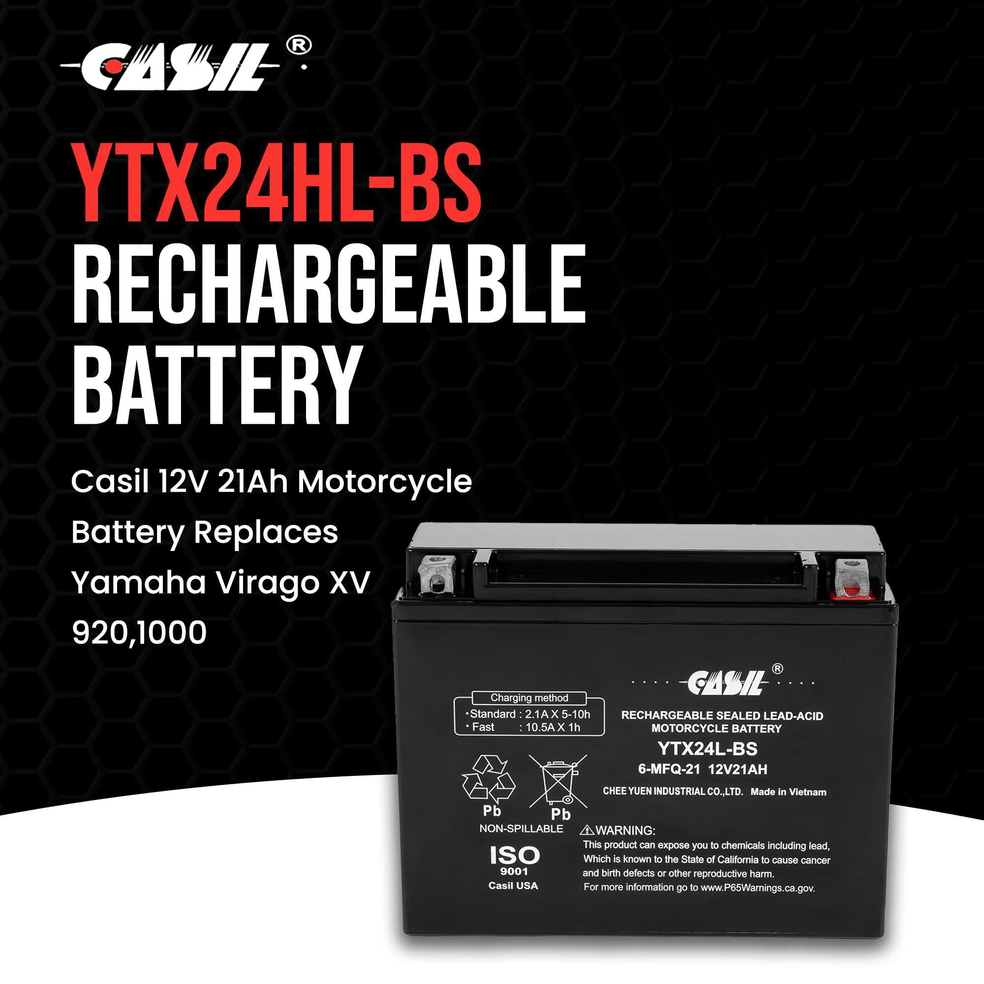 Casil YTX24HL-BS Motorcycle Battery 12v 21ah Power Sports Battery Replaces Yamaha Virago XV 92010001100 XVZ Venture Royale