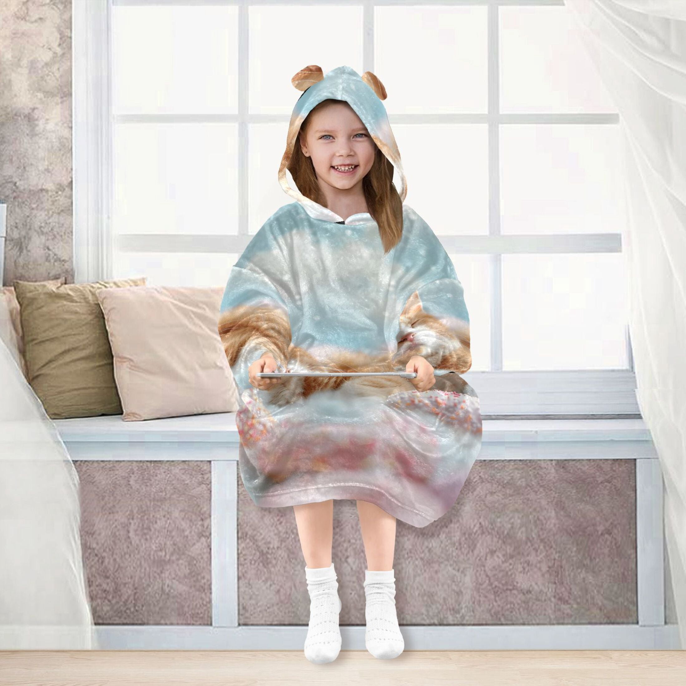 joogoo Wearable Blanket Hoodie for Kids Cute Cat Sleeping with Donuts Flannel Oversized Sweatshirt 3-14 Years M