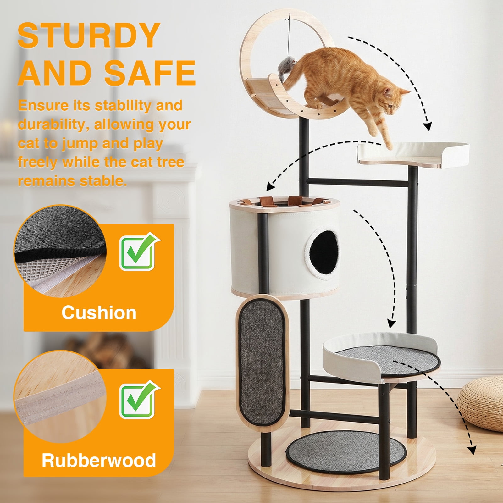 SHegdu Tall Cat Tree Multi-Level 66 inch Large Climbing Towers Pet Condos with Steel Frame Scratching Posts Platforms Pom Poms