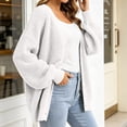 thumbnail image 4 of Otvok Ladies Casual Knit Outerwear, Winter Open Knit V Neck Button Front Long Lantern Sleeve Loose Cardigan Sweater, 4 of 7