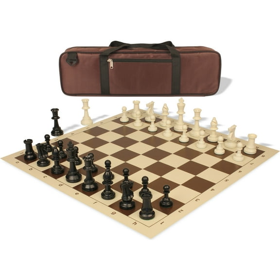Standard Club Carry-All Double-Weighted Plastic Chess Set - Black & Ivory Pieces with Vinyl Rollup Board - Brown