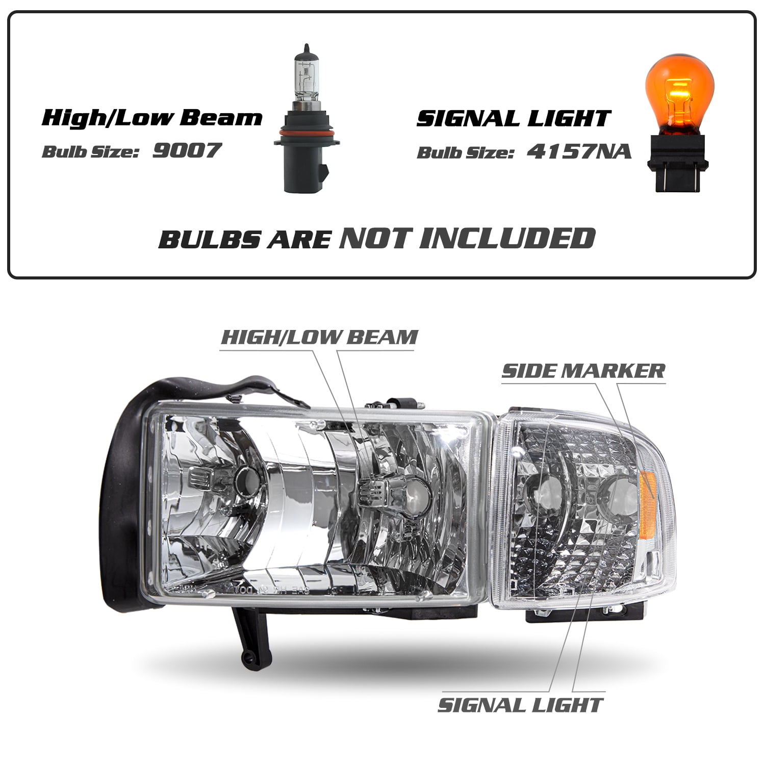 Pair For 1994-2002 Dodge Ram 1500/94-02 2500 3500 Headlights Chrome Headlamp