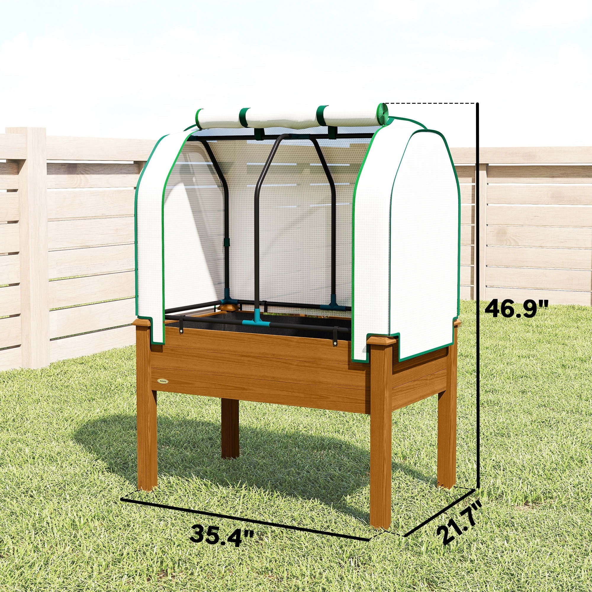 Outsunny Raised Garden Bed with PE Greenhouse Cover Outdoor Elevated Wood Planter Box for Herbs, Vegetables, for Patio, Backyard, Balcony, Brown