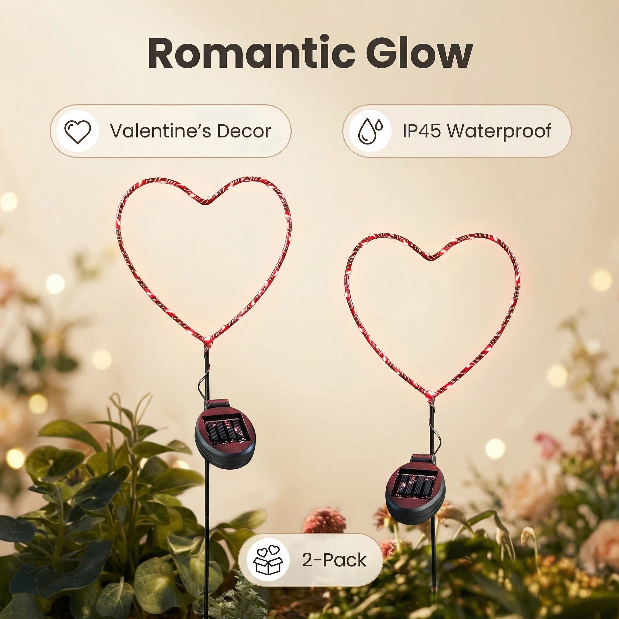 Outdoor Solar Powered LED Metal Garden Decorative Stake Light - 2 Pack Red Heart